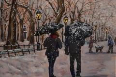"A Walk during a snow storm in Central Park  18 x 24 inches oil on canvas