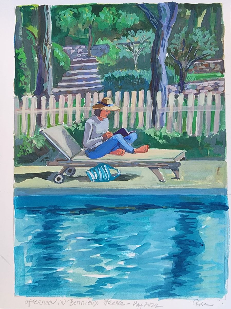 "Reading in Bonnieux" 9 x 12 inches, Guoache