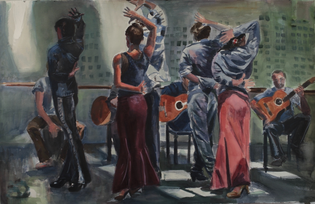 "Rehearsal Ballet Nacional Espana" 26 x 40 Inches. Watercolor